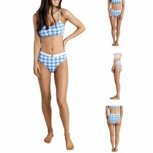 ⭐Envya Womens Blue White Checkered Bikini Set Size S High Waist Bottom Belt New⭐